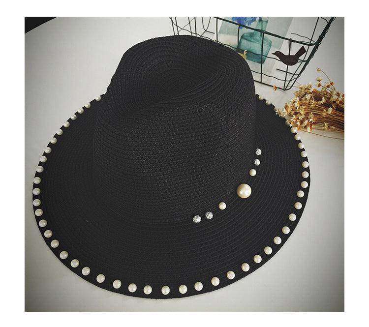Korean Style Pearl Wide-Brim Straw Hat for Adults