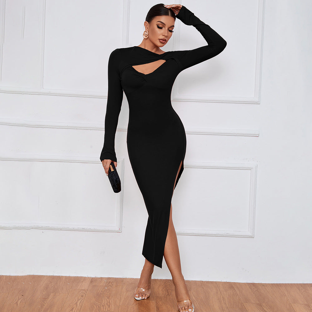Slim Fit Women's Maxi Dress with Long Sleeves and Slit