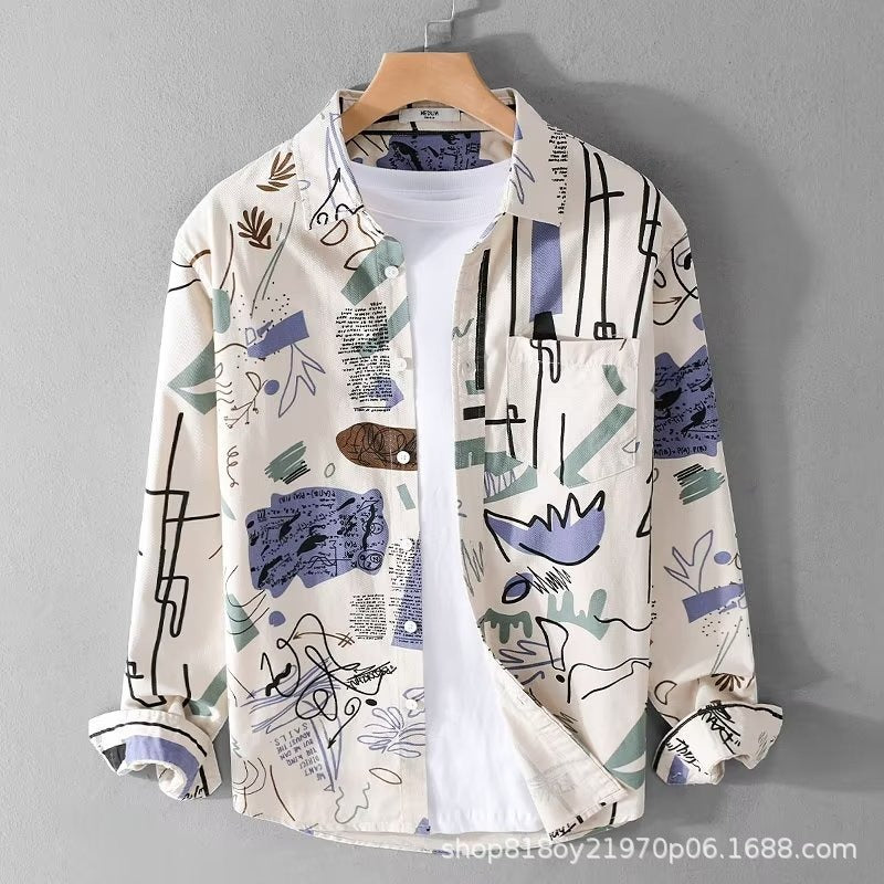 Men's Floral Loose-Fit Long Sleeve Shirt in Trendy Style