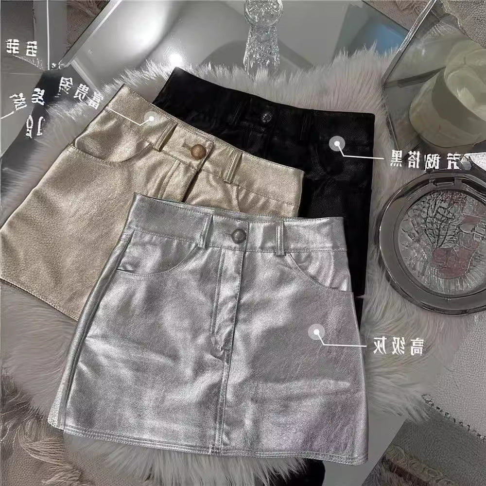 Silver PU Leather High-Waisted Mini Skirt for Women