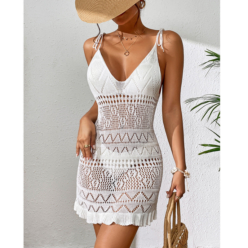 Short Knit Deep V Sheer Hollow Floral Beach Dress