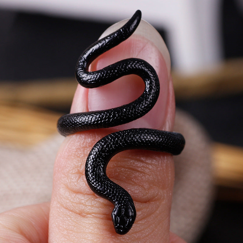 Geometric Adjustable Black Snake Ring for Women
