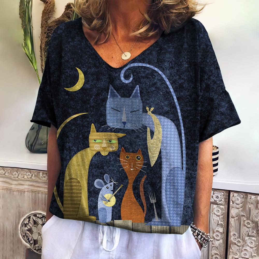 2023 Summer Women's V-Neck T-Shirt with 3D Cat Print