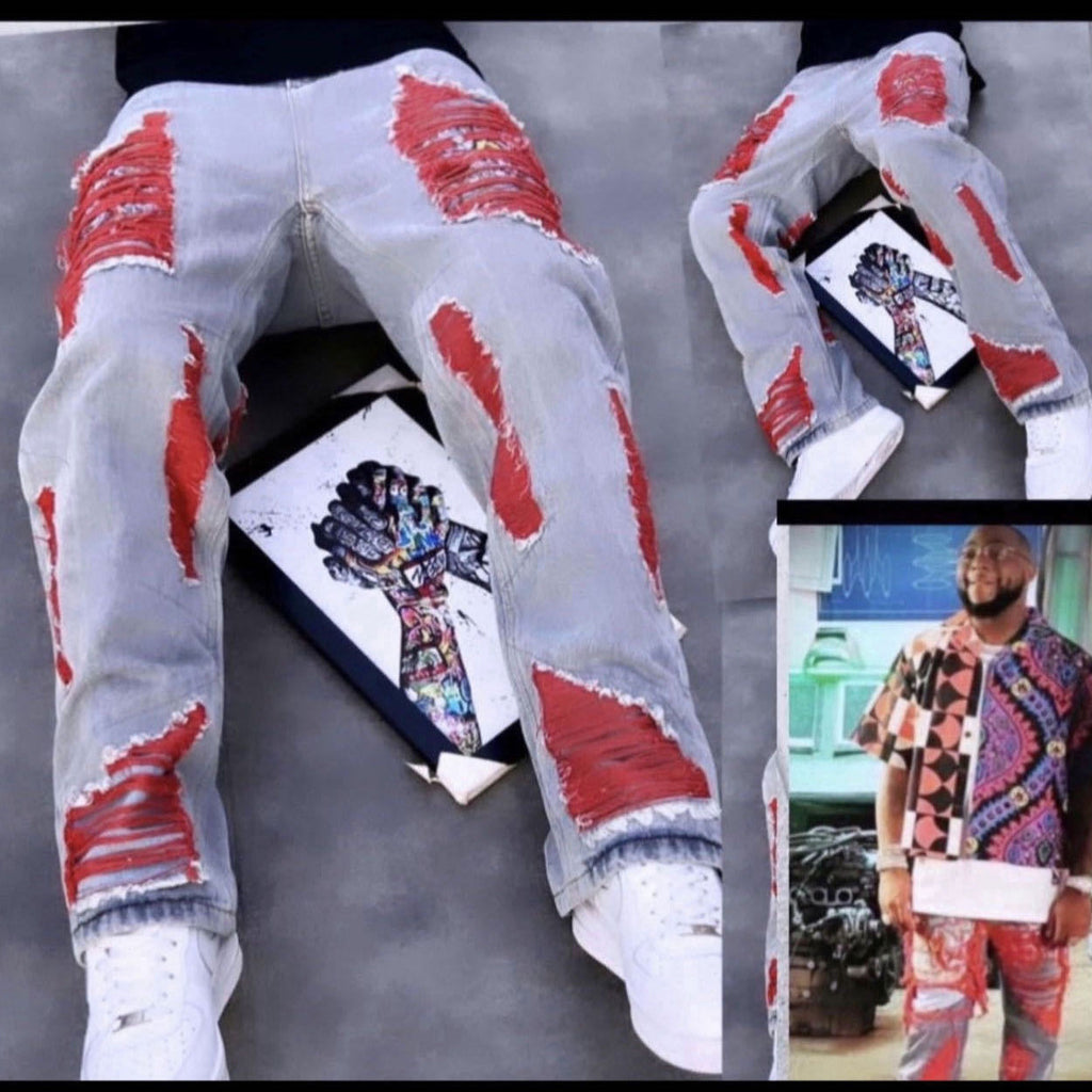 Hip Hop Distressed Straight Leg Denim Pants with Embroidery