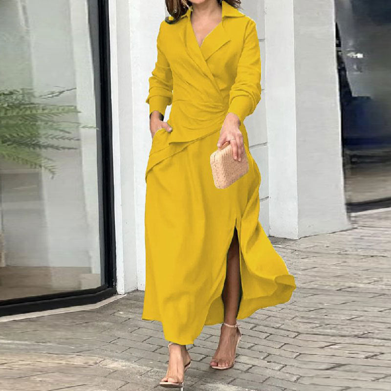 Autumn New Women's Casual Solid V-Neck Long Sleeve Dress