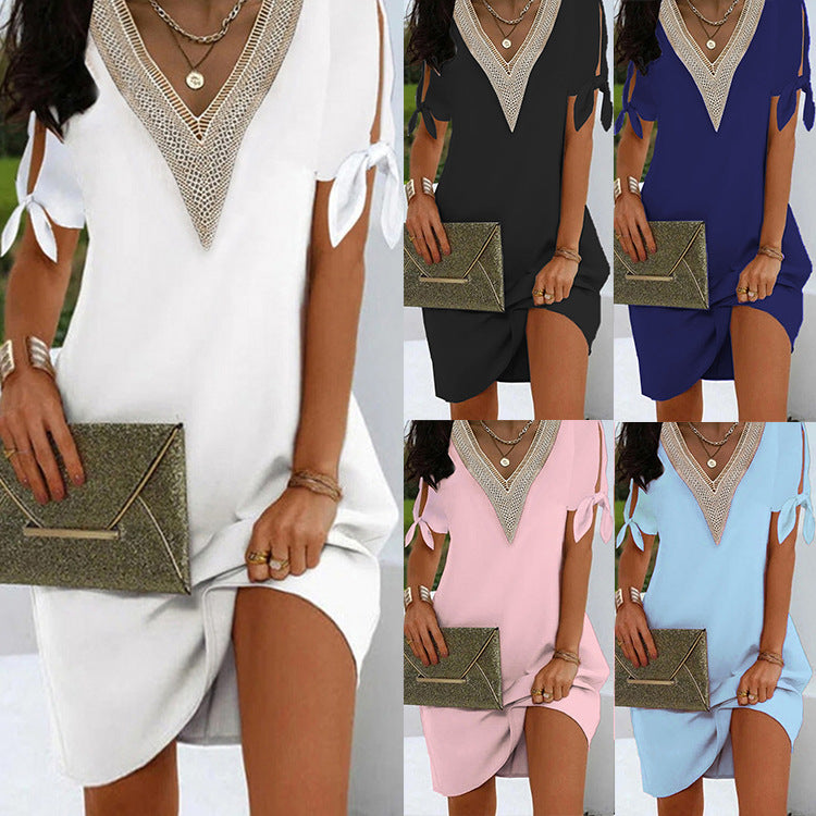 Fashionable Women's Solid Color Dress with Bow and Lace