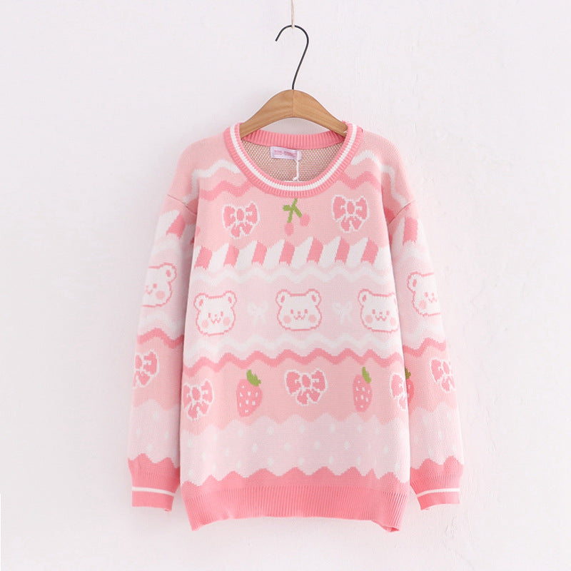 YH16413 Women's Cute Cartoon Bear Knit Sweater