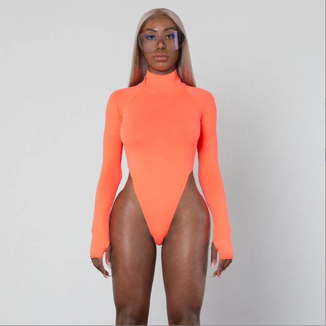 Neon Green High Neck Long Sleeve Women's Bodysuit