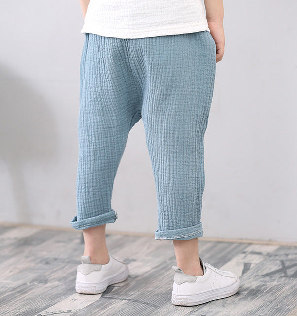 Summer Solid Color Linen Pleated Harem Pants for Kids