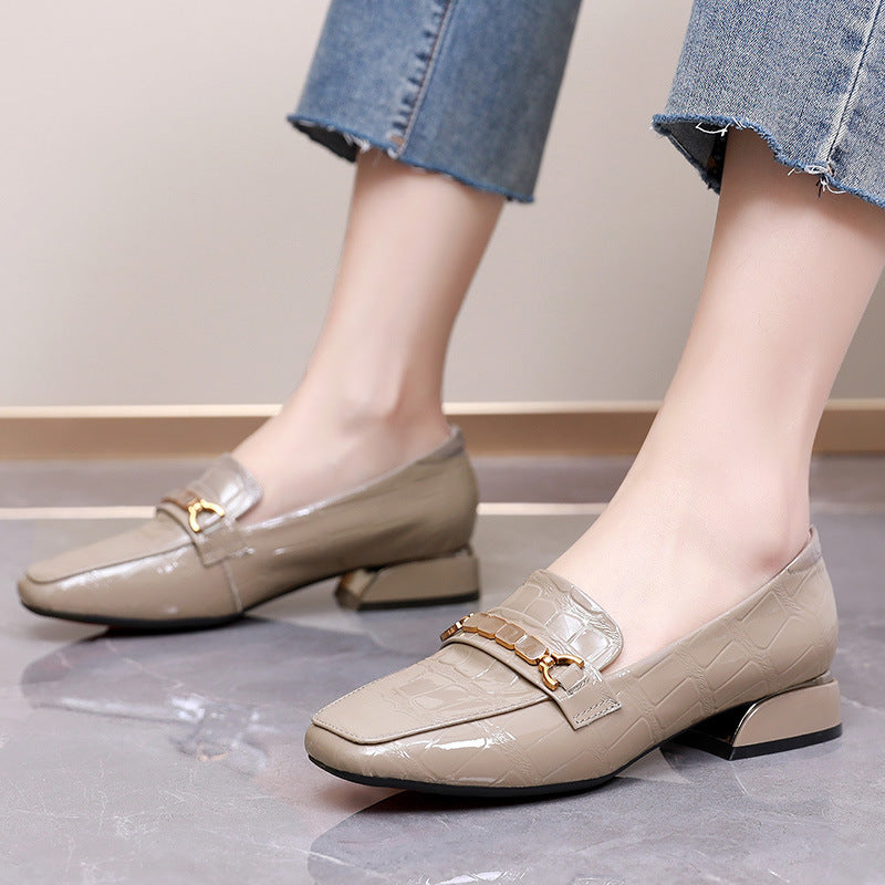 Square-Toe Patent Leather Stone Pattern Loafers for Women