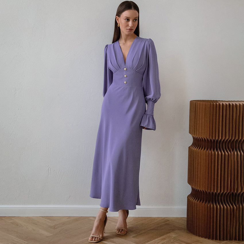 French Lantern Sleeve V-Neck Dress - Elegant Retro Style