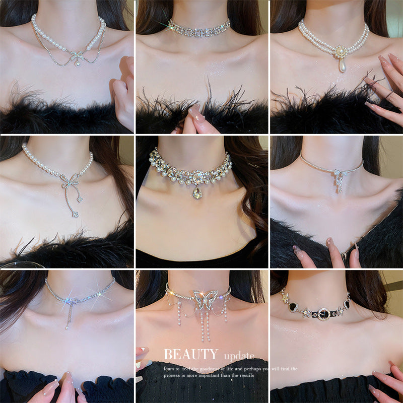 Korean Luxury Rhinestone Bow Pearl Tassel Necklace