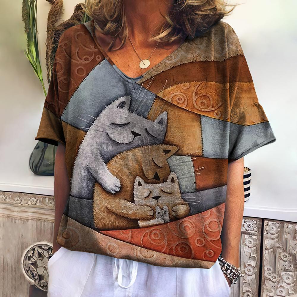 2023 Summer Women's V-Neck T-Shirt with 3D Cat Print
