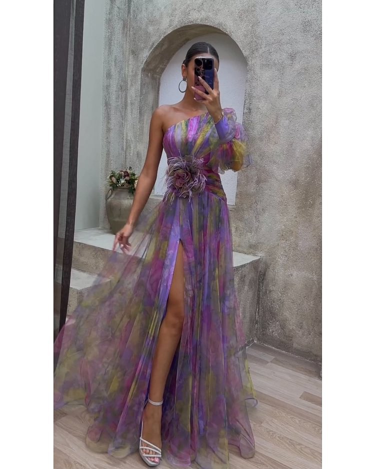 Summer Floral Long Sleeve Dress with Asymmetrical Shoulder