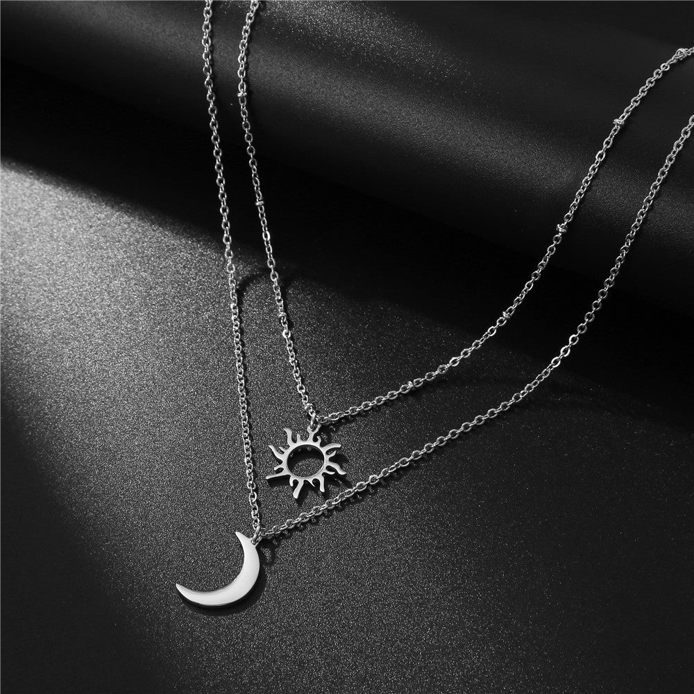 Stainless Steel Sun Moon Multi-Layer Necklace for Women