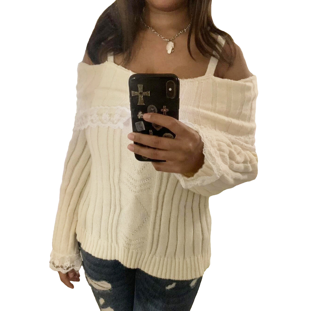 Solid Color Lace-Trim Off-Shoulder Knitted Sweater YF2348