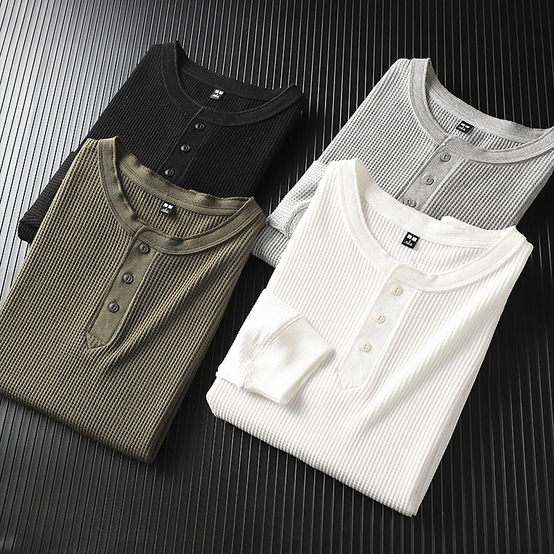 Men's Casual Long Sleeve T-Shirt in Solid Color Waffle