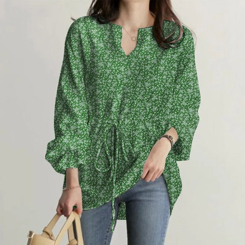 2023 Women's Long Sleeve V-Neck Floral Top with Bell Sleeves