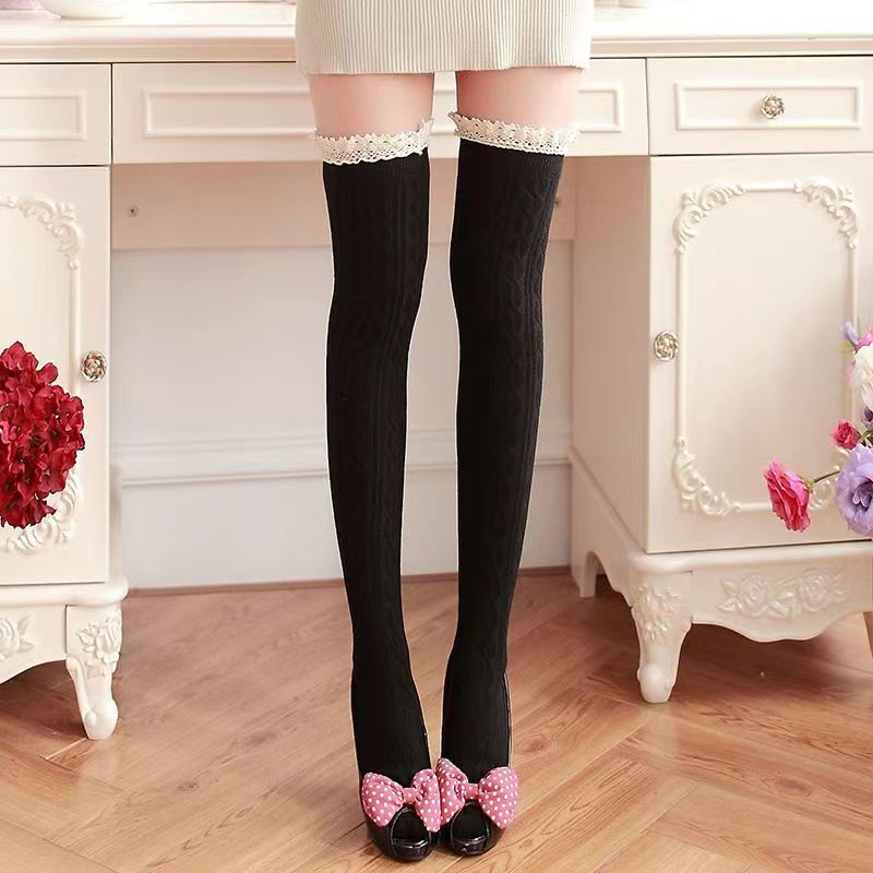 Japanese Style Lace Over Knee Socks in Black & White