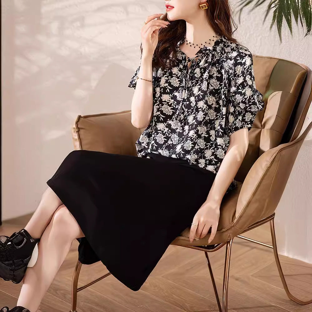 2024 Summer Floral Short Sleeve Loose Fit Top for Women