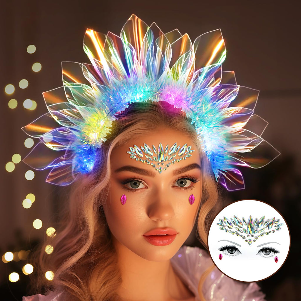 Farochy Headbands - LED Glow Headband with Face Jewels. One size fits all 3 flashing modes. Premium material widely used for parties weddings and photography.