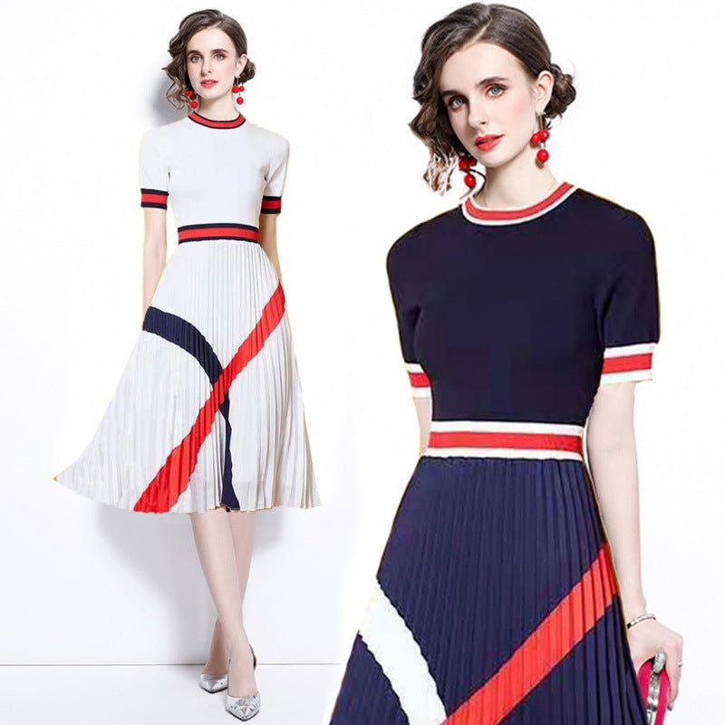 Fashionable Breathable Knit Panel Printed Pleated Dress