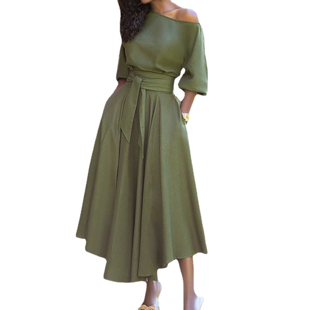 2023 Women's Solid Color Dress with Waist Tie