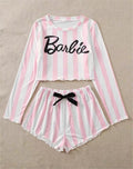 Striped Long Sleeve Pajama Set with Shorts (Two Pieces)
