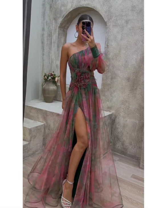 Summer Floral Long Sleeve Dress with Asymmetrical Shoulder