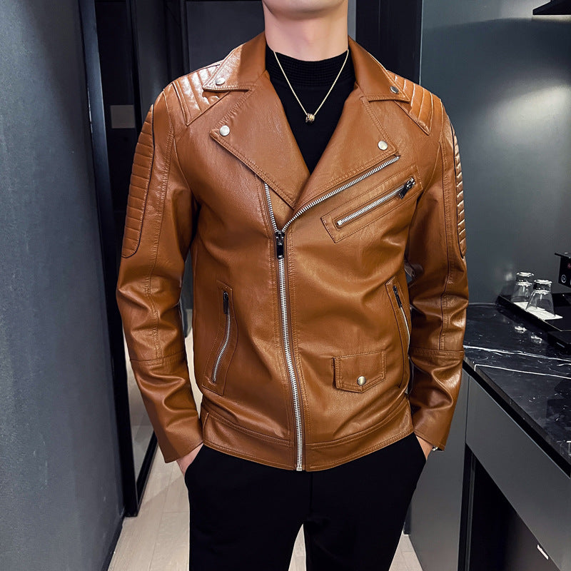 "Winter Slim Fit Men's Leather Jacket with Zipper Pockets"