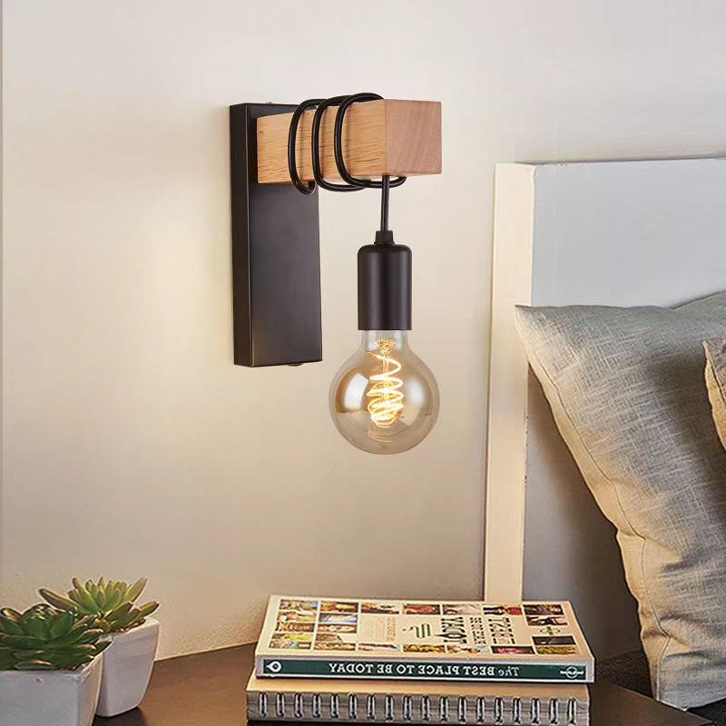 Creative American Wood Wall Lamp with Iron Shade E27