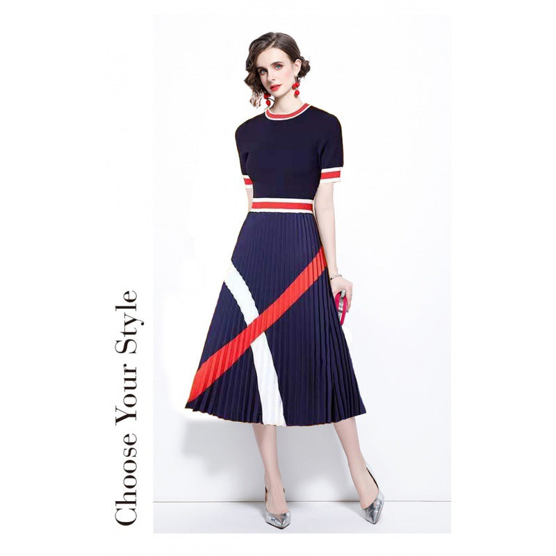 Fashionable Breathable Knit Panel Printed Pleated Dress