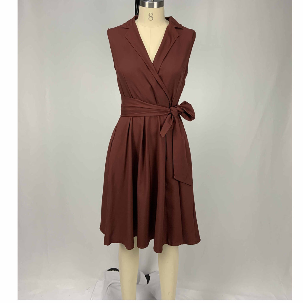 Cross-Border Women's Solid Color Midi Dress with Belt