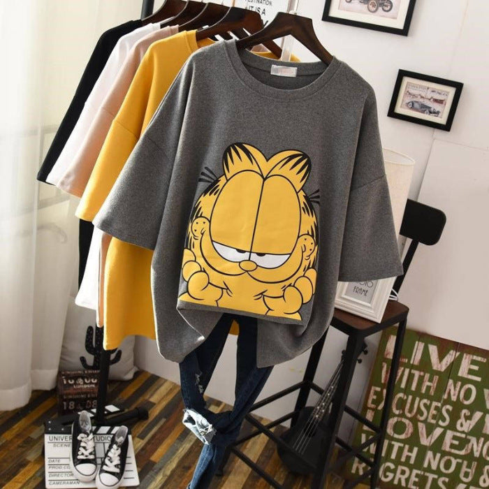 Korean Style Women's Short Sleeve T-Shirt with Cat Print