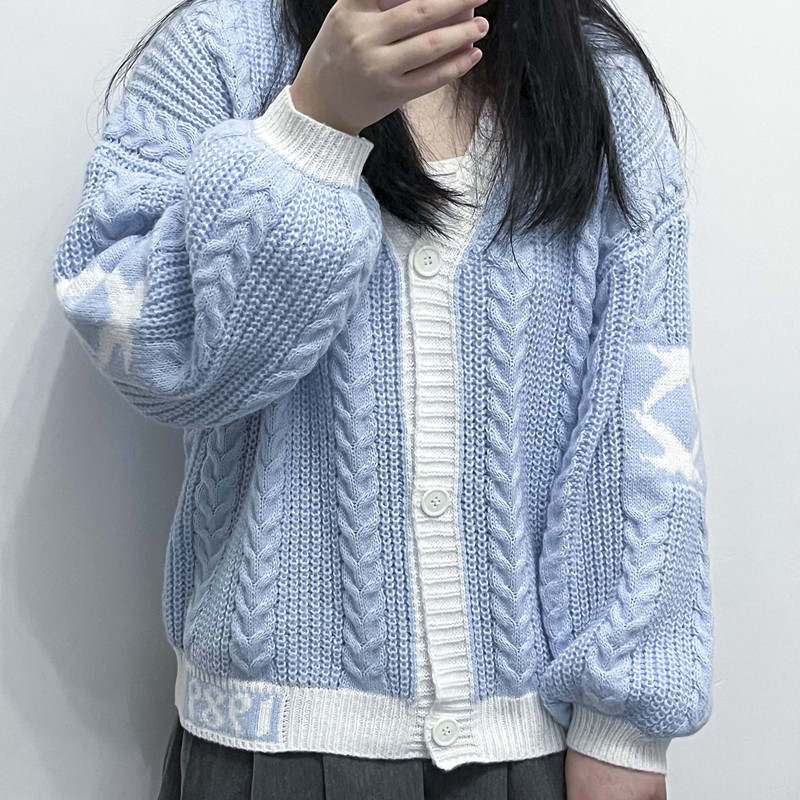 2023 Autumn Winter V-Neck Color Block Knit Sweater