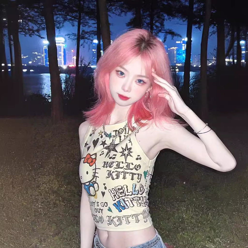 Japanese Style Kitty Cat Crop Top for Summer Streetwear