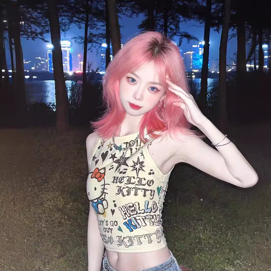 Japanese Style Kitty Cat Crop Top for Summer Streetwear