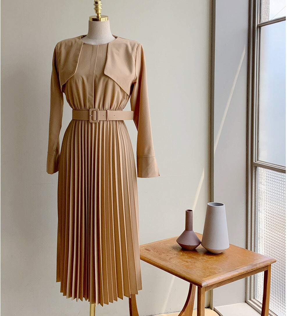 Chic Pleated Dress with Waist Tie Trench Coat