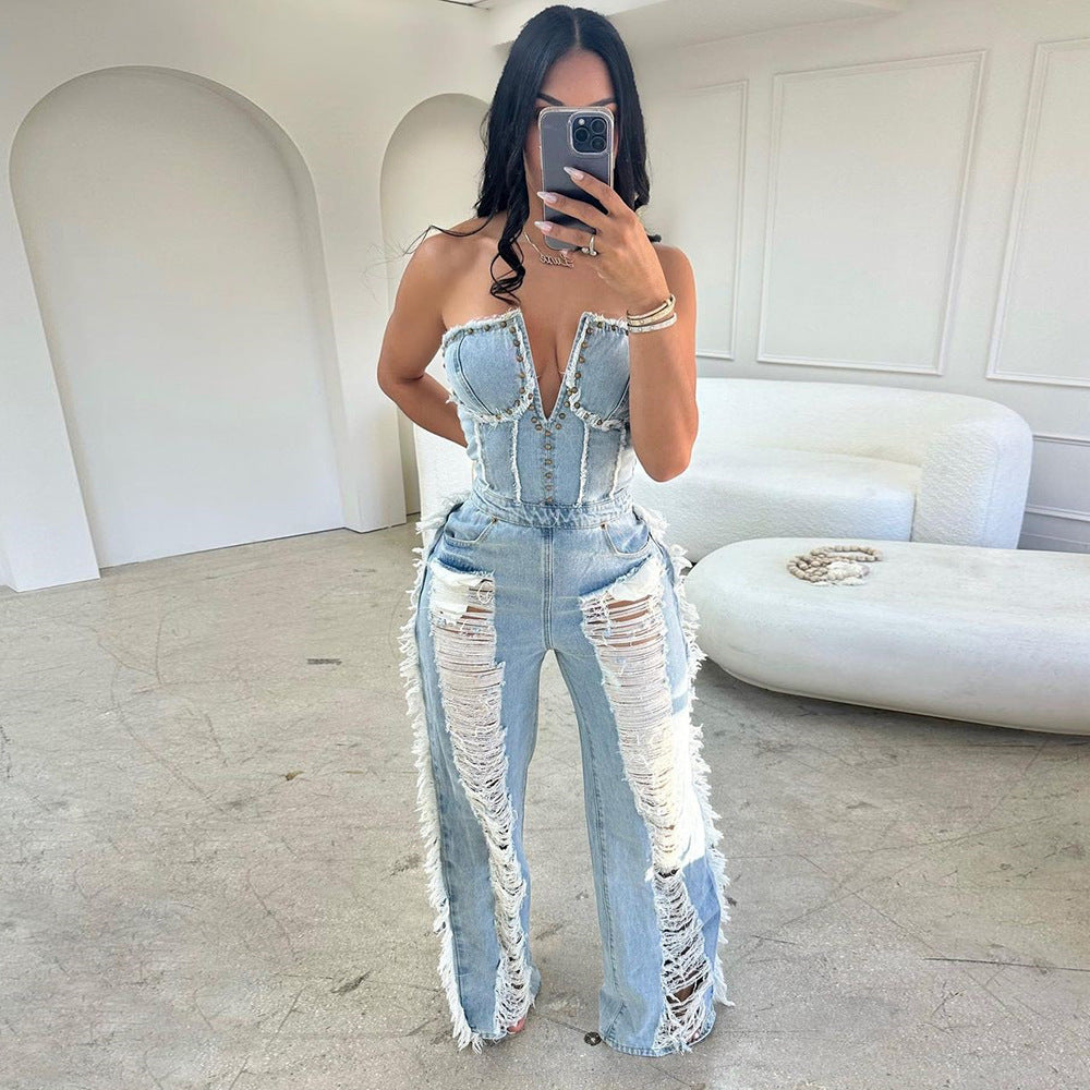 7637JR Women's Summer Denim Jumpsuit with Fringe