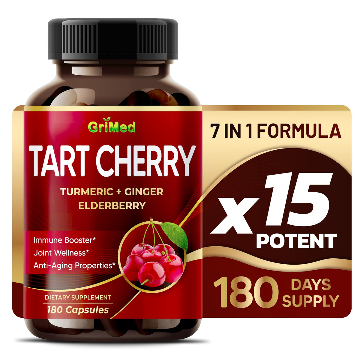 Tart Cherry - 23000mg with Turmeric Ginger Elderberry - Joint Support & Muscle Recovery - Made in USA (180 Count (Pack of 1))