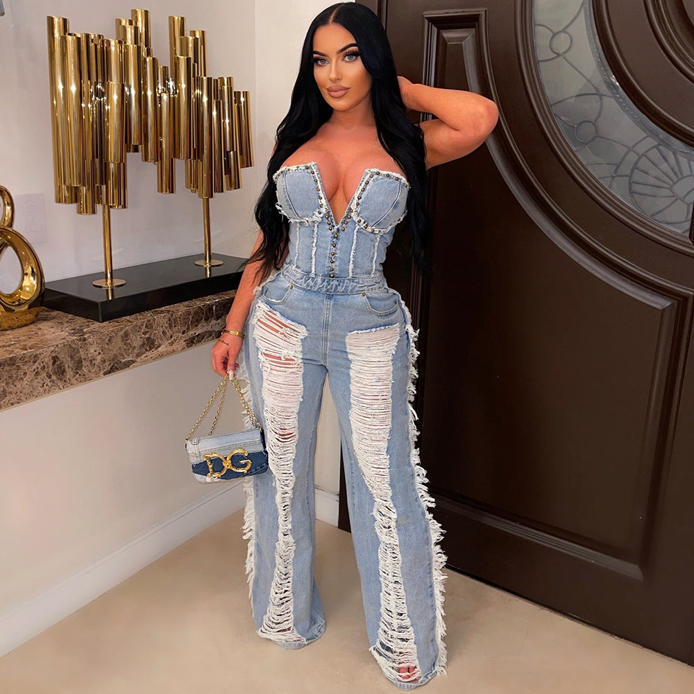 7637JR Women's Summer Denim Jumpsuit with Fringe