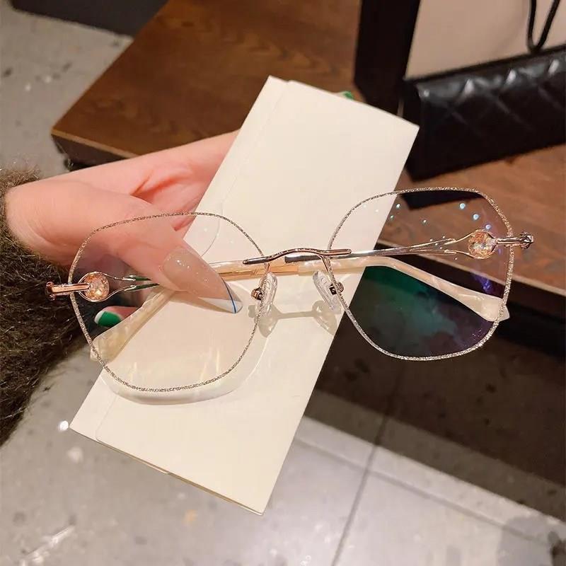 Fashionable Champagne Gold Frameless Polygon Blue Light Glasses