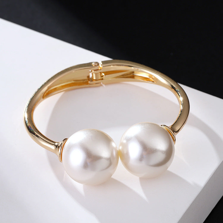 Minimalist Pearl Bracelet and Open Bangle for Women