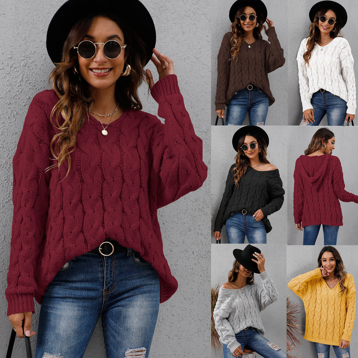 Fashionable Thick Knit V-Neck Hooded Sweater for Women