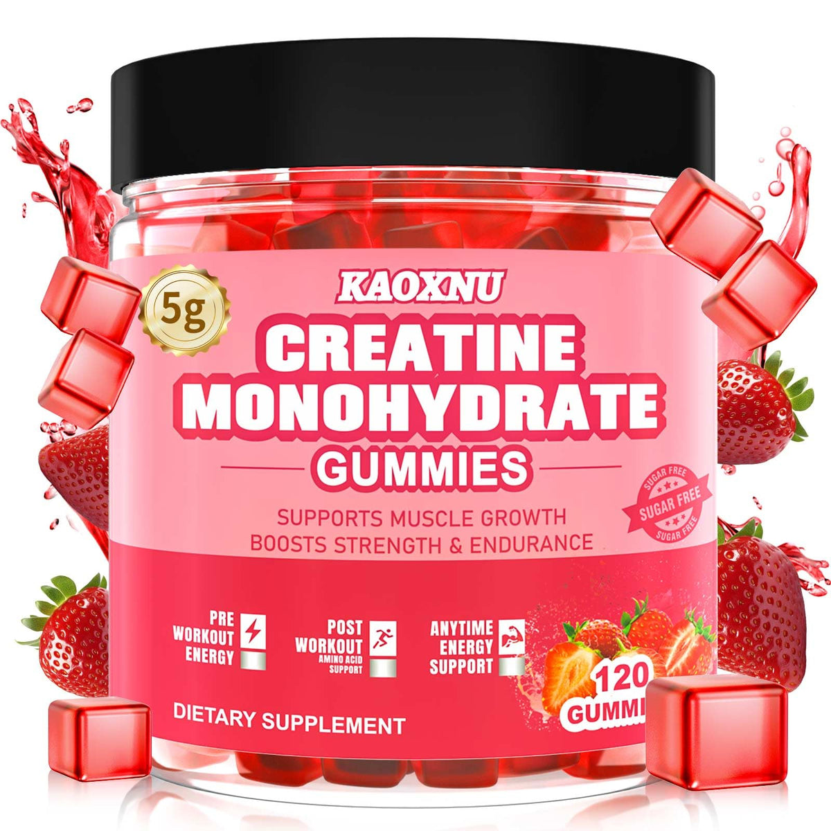 Creatine Monohydrate Gummies for Men & Women 120 CT - 5600mg of Creatine Monohydrate per Serving - Sugar Free Chewable Creatine for Muscle Strength Energy Boost Muscle Builder (Strawberry Flavor)