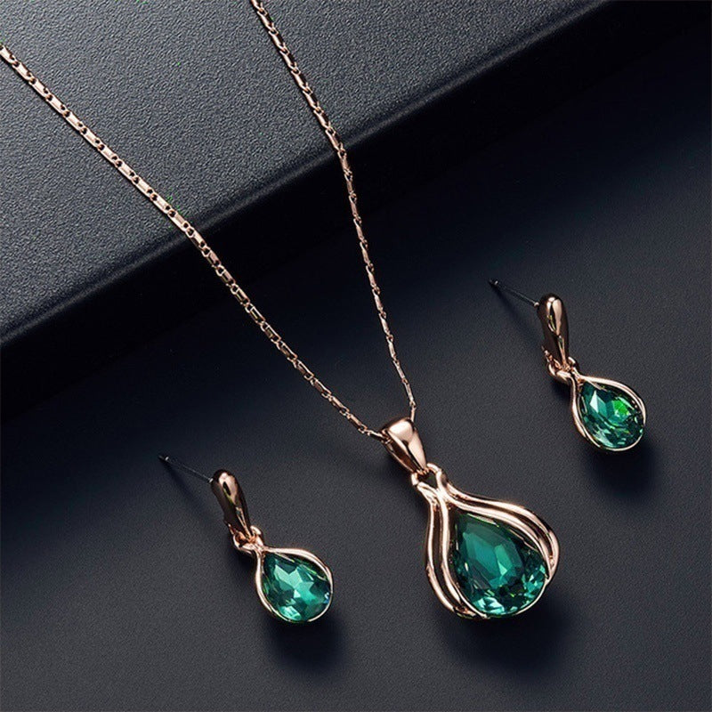 Fashion Women's Blue Green Teardrop Necklace Earring Set