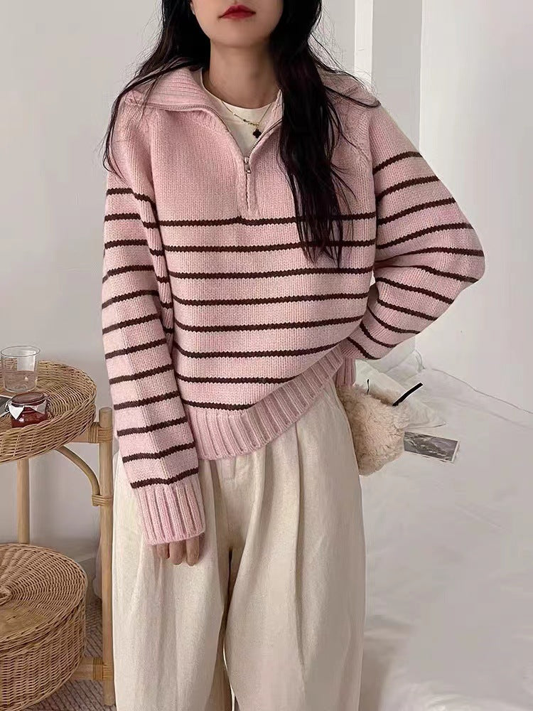 Korean Style Striped Knit Sweater with Half-Zip Collar