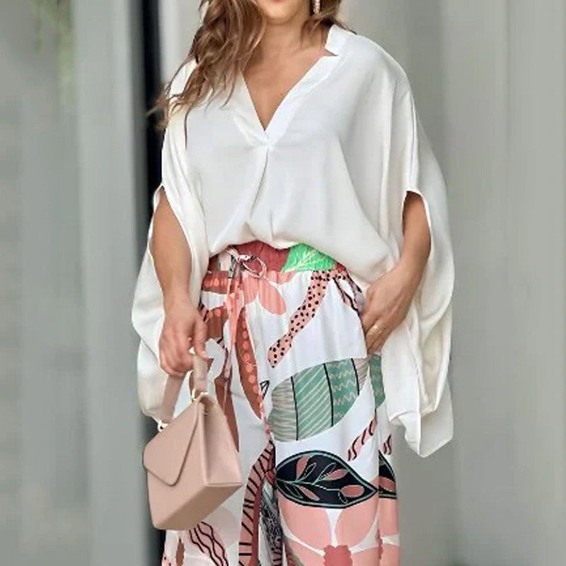2023 Fashion V-Neck Batwing Sleeve Wide Leg Set