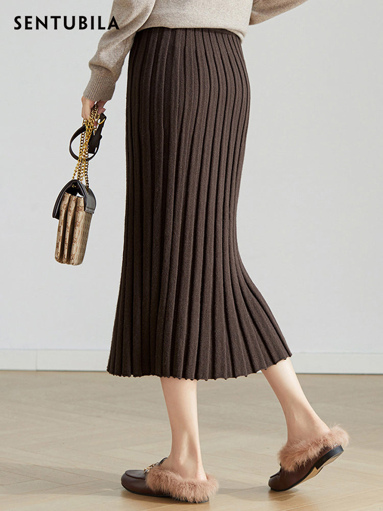 Sentubila Brown Knitted Long High Waist Skirt for Women