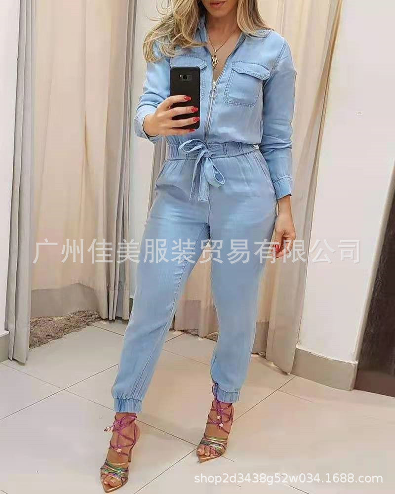 2021 New Women's Blue Zipper Jumpsuit for E-commerce